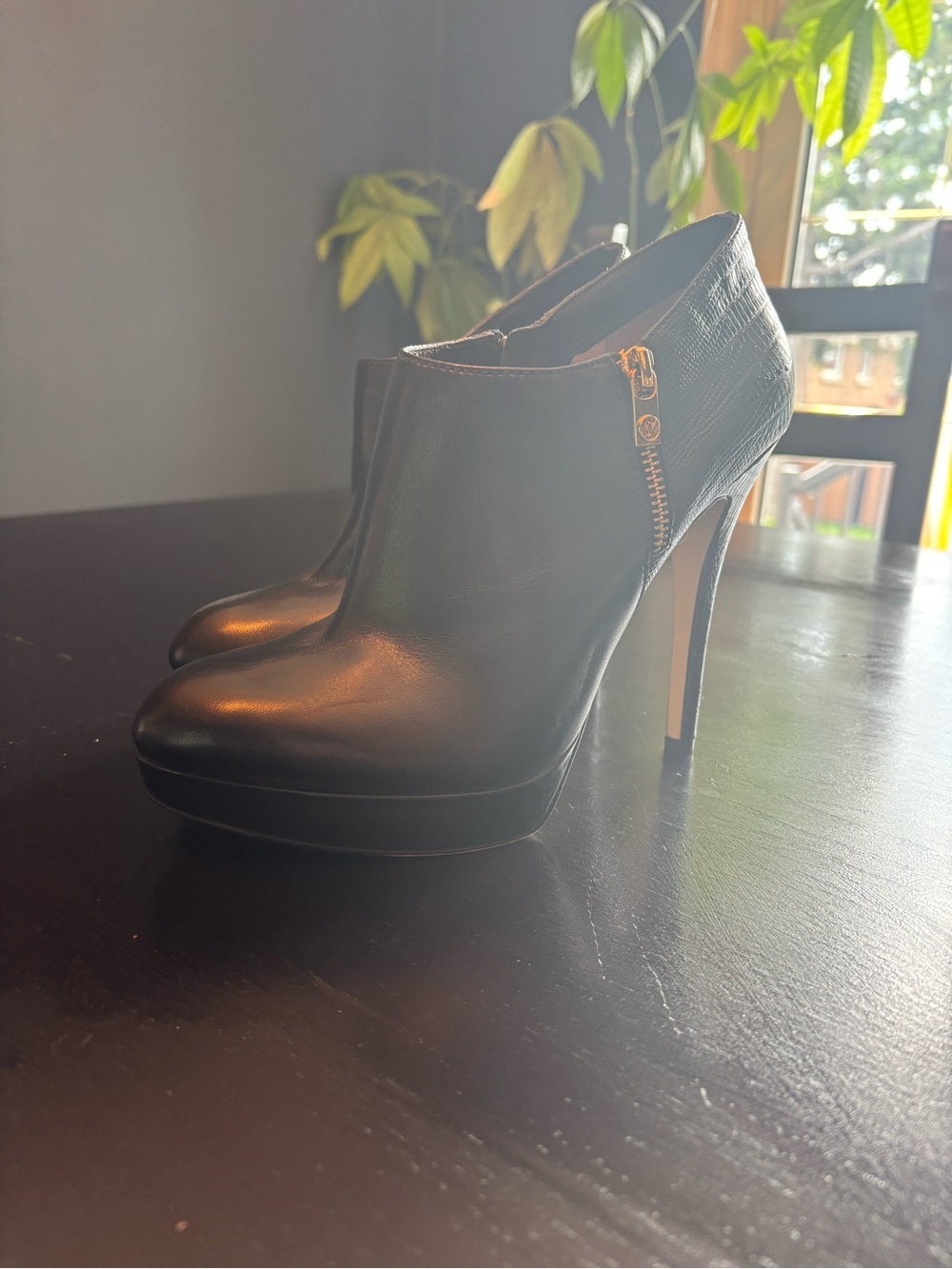 Michael Kors Black Leather Platform Ankle Booties with Gold Zip